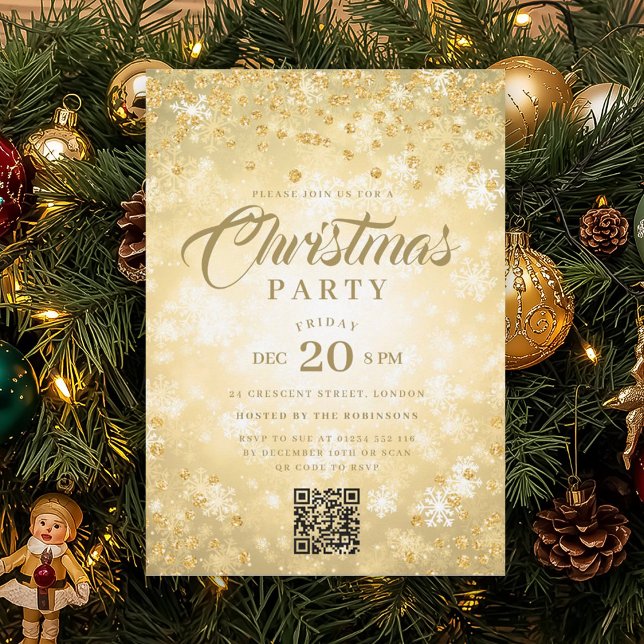 Invitation Fête de Noël Glitter Diamants d'Hiver QR Or (QR Gold Winter Diamonds Glitter Christmas Party Invitation)