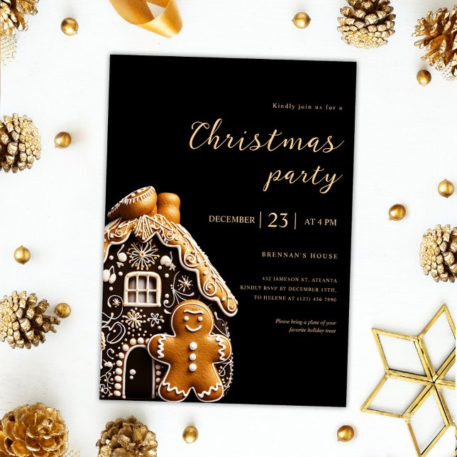 Invitation Fête de Noël Gold Black Gingbread Fête (Christmas Party Gold Black Gingerbread Holiday Invitation)