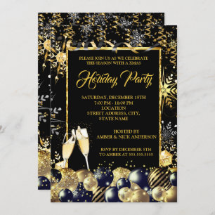 Invitation Fête de Noël Gold Black Snowflakes