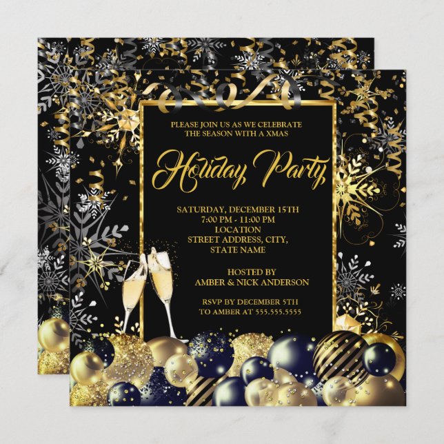 Invitation Fête de Noël Gold Black Snowflakes (Devant / Derrière)