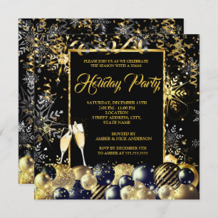 Invitation Fête de Noël Gold Black Snowflakes
