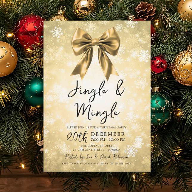 Invitation Fête de Noël Gold Jingle & Mingle Arc et Neige  (Gold Jingle & Mingle Christmas Party Bow & Snow Invitation)