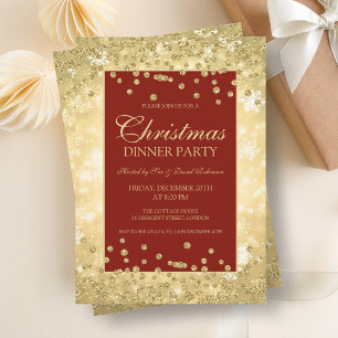 Invitation Fête de Noël Gold Red Parties scintillant Hiver Wo