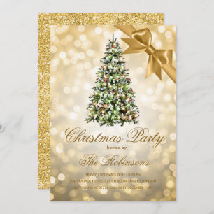 Invitation Fête de Noël Gold Xmas Tree Lights Ribbon