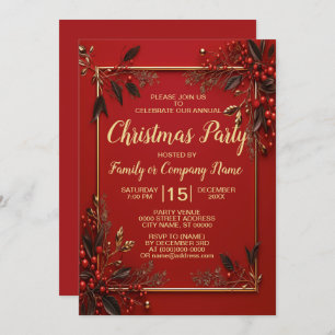 Invitation Fête de Noël Golden Red Feuilles