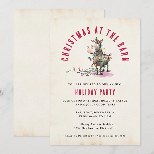 Invitation Fête de Noël Grange Ranch Cheval de Poney Drôle (Devant / Derrière)