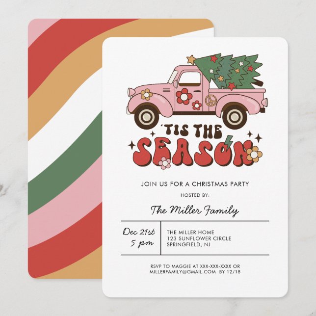 Invitation Fête de Noël Groovy Rétro Colorée  (Devant / Derrière)