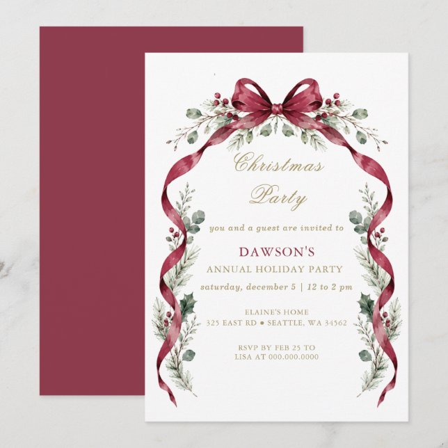 Invitation Fête de Noël Guirlande Ruban Bourgogne (Devant / Derrière)