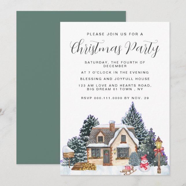 Invitation Fête de Noël hivernale classique chic à l'aquarell (Devant / Derrière)