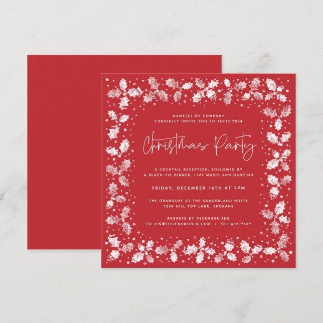 Invitation Fête de Noël Holly+Berries à main rouge (Devant / Derrière)