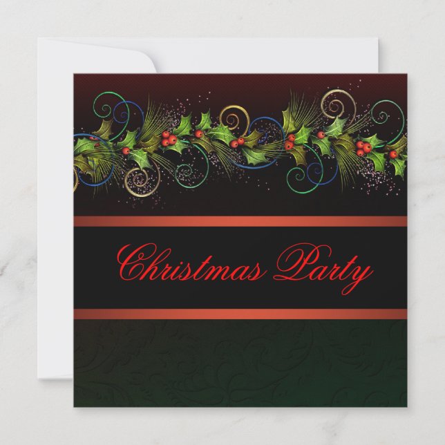 Invitation Fête de Noël Holly Black Red Gold (Devant)