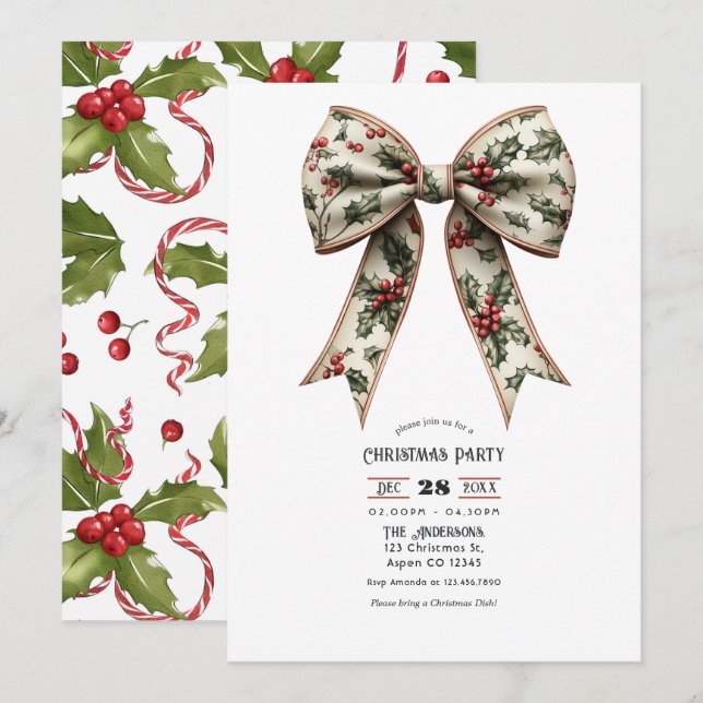 Invitation Fête de Noël Holly Bow Holiday (Devant / Derrière)