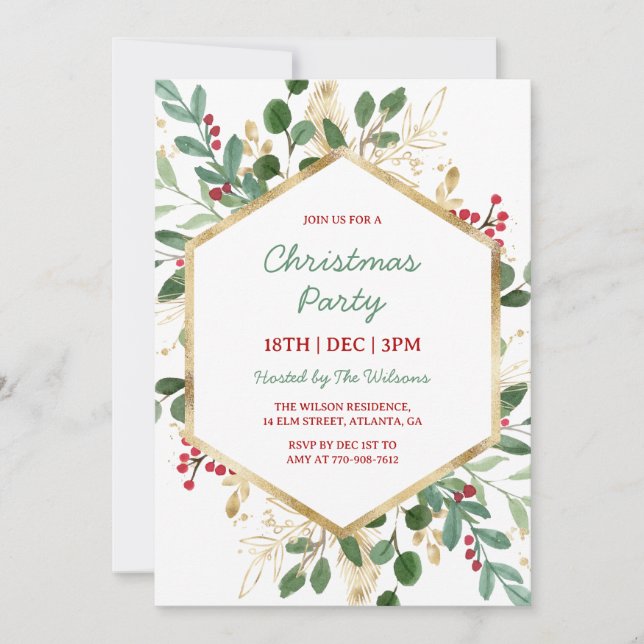 Invitation Fête de Noël Holly Green et Gold (Devant)