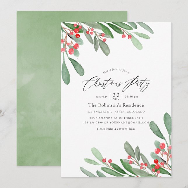 Invitation Fête de Noël holly jolly aquarelle (Devant / Derrière)
