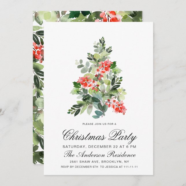 Invitation Fête de Noël Holly Tree Watercolor (Devant / Derrière)