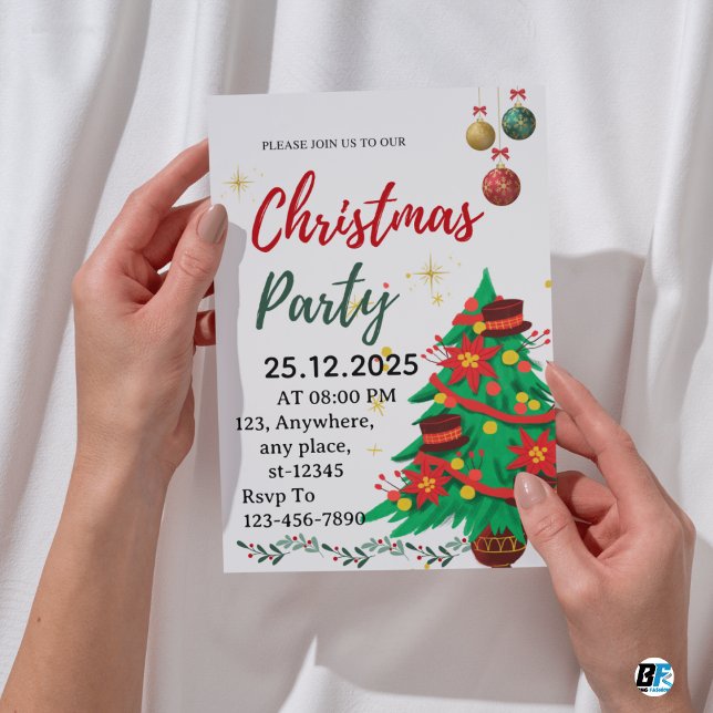 Invitation Fête de Noël Illustrative Verte Beige Mignonne (#christmas)