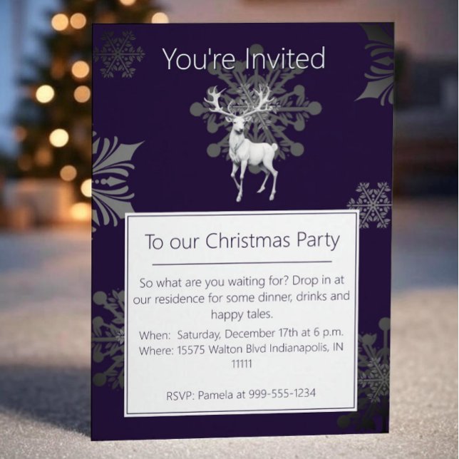 Invitation Fête de Noël Ivory Reindeer | Pourpre (Purple Ivory Reindeer Christmas Party Invitation)