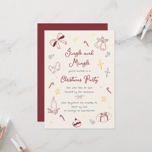 Invitation Fête de Noël Jingle And Mingle Dessinée à la Main (Devant/Arrière en situation)