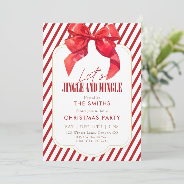 Invitation Fête de Noël Jingle et Mingle avec un Ruban Rouge (Debout devant)