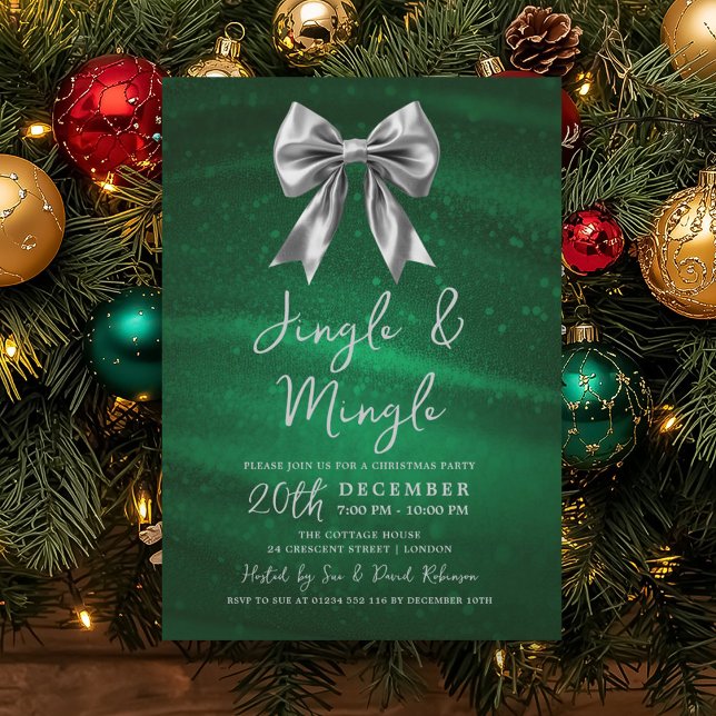 Invitation Fête de Noël Jingle Mingle Arc Argent Vert  (Jingle Mingle Christmas Party Silver Bow Green Invitation)