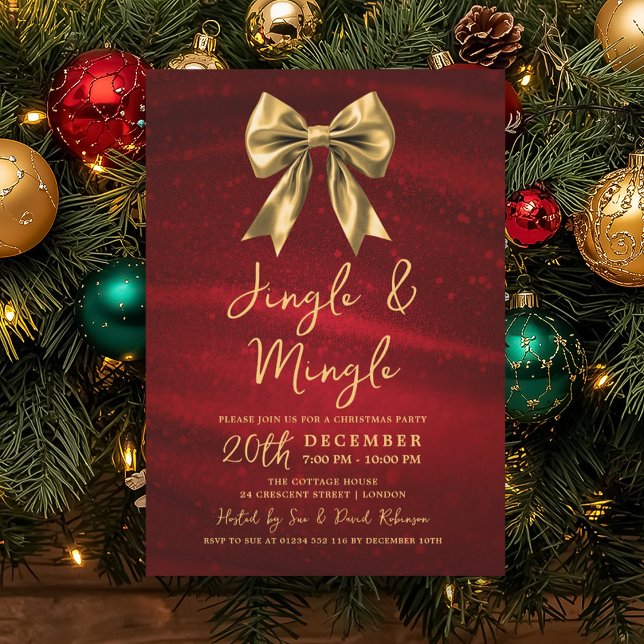 Invitation Fête de Noël Jingle Mingle Or Doré Argent Rouge (Jingle Mingle Christmas Party Gold Bow Silver Red Invitation)