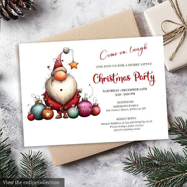 Invitation Fête de Noël Jouet Fantaisiste Santa Rouge Vert Cl (Playful Quirky Santa Classic Red Green Party Invite)