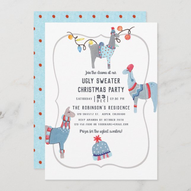 Invitation Fête de Noël llama sur le thème de la laine (Devant / Derrière)