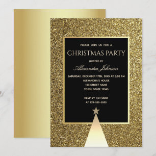 Invitation Fête de Noël Luxe Noir et Paillettes Dorées