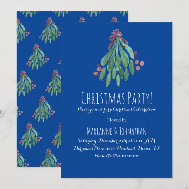 Invitation Fête de Noël Main Arbre Aquarelle et Ruban Bleu (Devant / Derrière)
