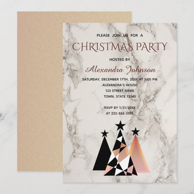Invitation Fête de Noël Marbre Blanc et Or Rose Élégant (Devant / Derrière)
