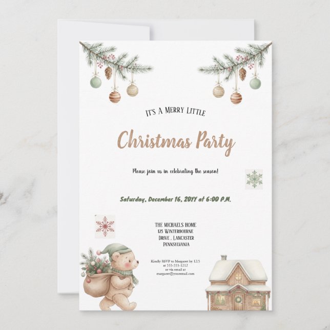 INVITATION FÊTE DE NOËL MARRON ET VERT A L'AQUARELLE  (Devant)