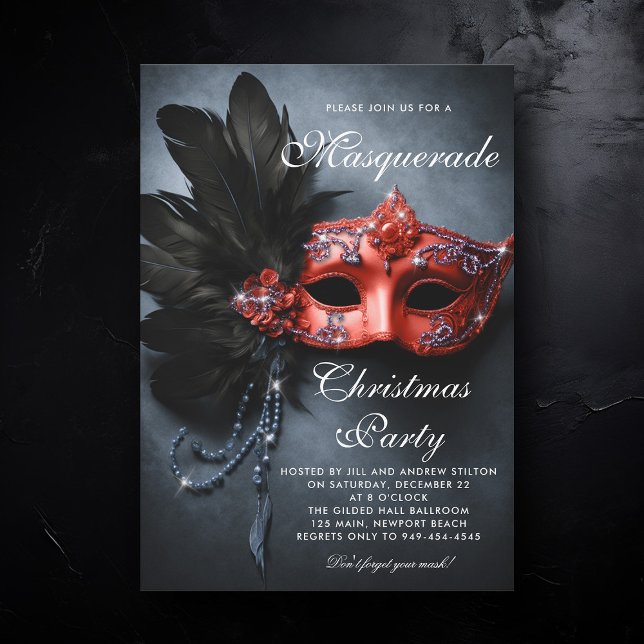 Invitation Fête de Noël Masquerade Marine Argent Rouge Moody (masquerade christmas party invitation venetian mask red navy silver elegant ball painting artistic)