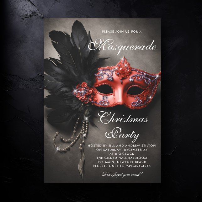 Invitation Fête de Noël Masquerade Noir Argent Rouge Moody (masquerade christmas party invitation venetian mask red black silver elegant ball painting artistic)