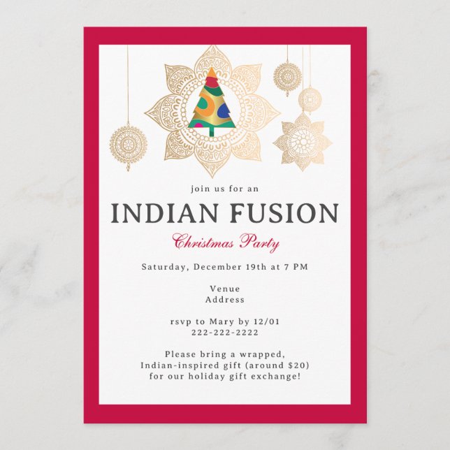 Invitation Fête de Noël Meenakari Fusion Indienne Rouge (Devant)