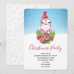 Invitation Fête de Noël mignonne avec manchot en chapeau de P