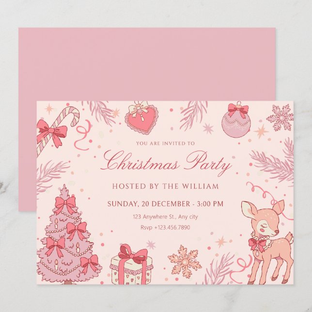 Invitation Fête de Noël mignonne rose (Devant / Derrière)
