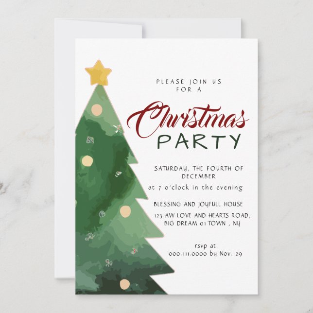 Invitation Fête de Noël minimaliste élégante à l'aquarelle (Devant)