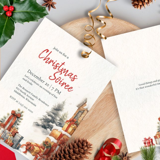 Invitation Fête de Noël Moderne Aquarelle Hiver Rouge Vert (Créateur téléchargé)