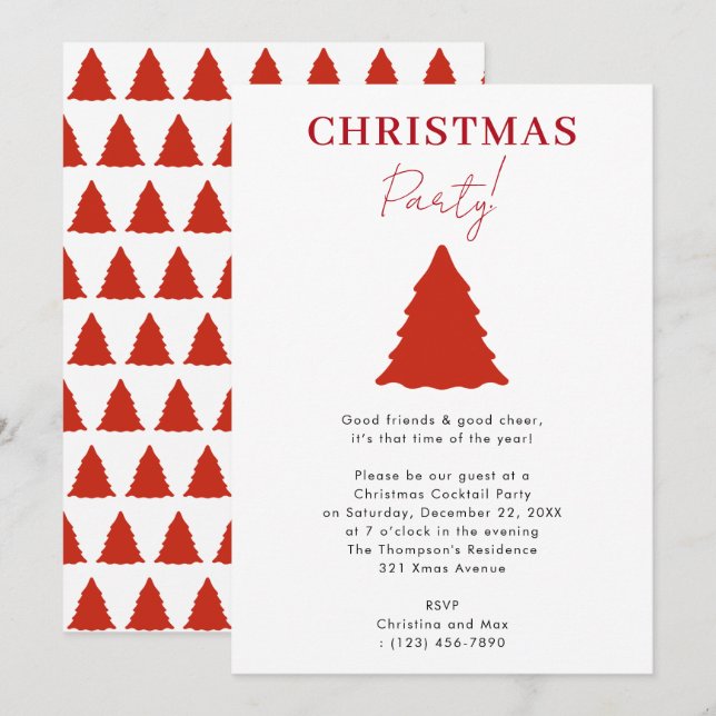 Invitation Fête de Noël moderne Arbre rouge Noël (Devant / Derrière)