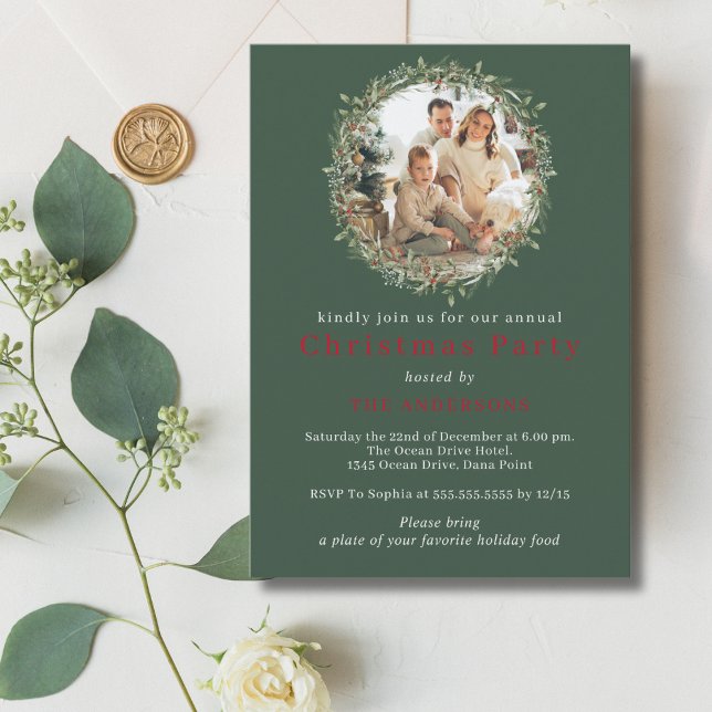 Invitation Fête de Noël moderne avec couronne photo (Créateur téléchargé)