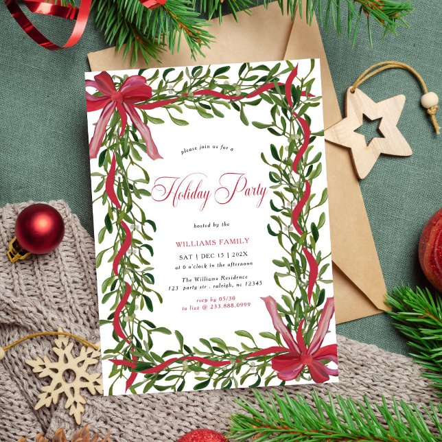 Invitation Fête de Noël Moderne avec Ruban Rouge et Gui (Créateur téléchargé)