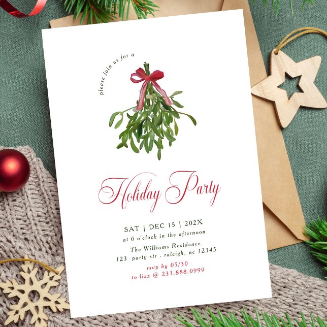Invitation Fête de Noël Moderne avec Ruban Rouge et Gui (Créateur téléchargé)