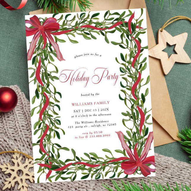 Invitation Fête de Noël Moderne avec Ruban Rouge et Gui (Créateur téléchargé)