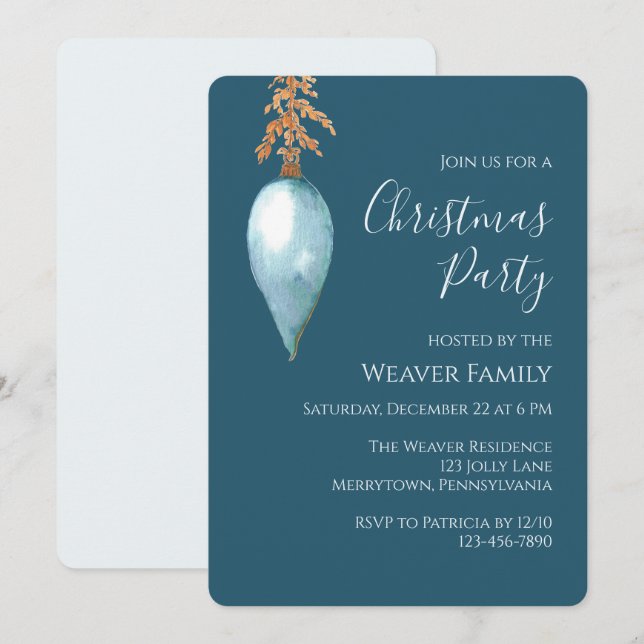 Invitation Fête de Noël moderne Bauble en aquarelle bleue (Devant / Derrière)