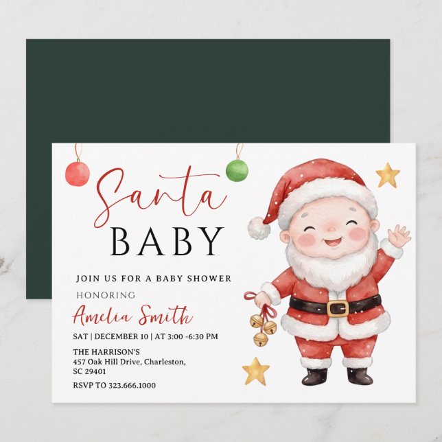 Invitation Fête de Noël moderne Bébé hiver Santa shower (Devant / Derrière)