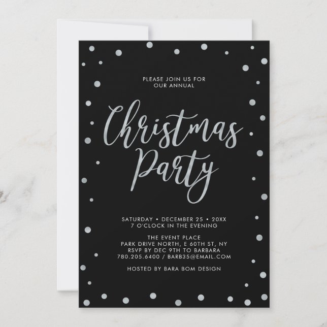 Invitation Fête de Noël moderne confettis Argent & Noir (Devant)
