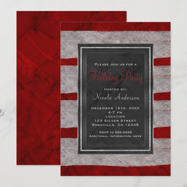 Invitation Fête de Noël Moderne en Marbre Rouge et Argent (Devant / Derrière)