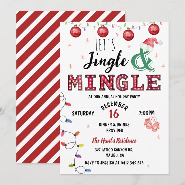Invitation Fête de Noël Moderne et Joyeuse Jingle & Mingle (Devant / Derrière)