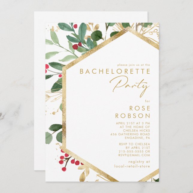Invitation Fête de Noël moderne et verdure Bachelorette blanc (Devant / Derrière)