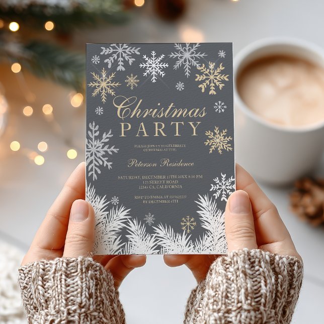 Invitation Fête de Noël moderne flocon de neige pin gris hive (Modern snowflake pine gray winter Christmas party Invitation)